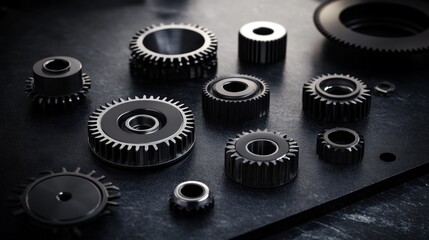 Assorted gears on dark surface, industrial background