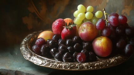 Assorted Fresh Fruits on Ornate Tray, Vintage Style Background