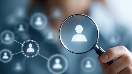 A magnifying glass focused on one specific person icon in a large network, talent acquisition concept.