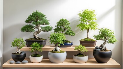 Fototapeta premium An exquisite collection of diverse bonsai trees displayed on minimalist light wood shelving, featuring various species and artistic potting styles against a clean, bright background.