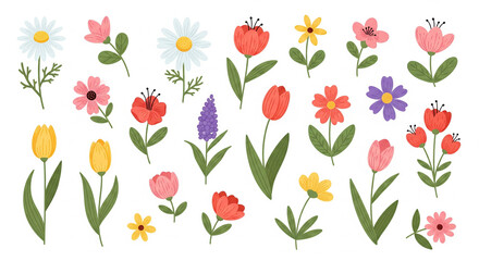Fototapeta premium Flat vector set of colorful spring flowers with green leaves in playful hand drawn style isolated on white background