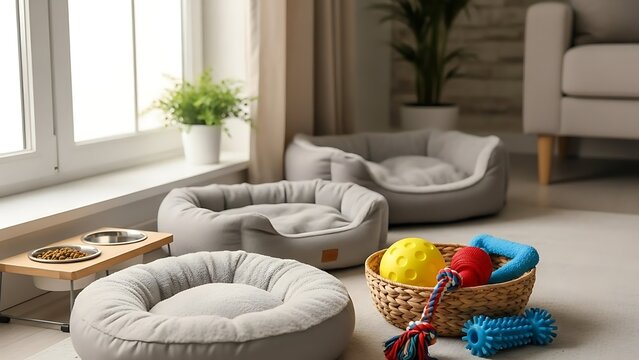 A cozy pet corner in a modern living room featuring plush grey dog beds, a woven basket of colorful toys, and an elevated wooden stand with stainless steel food and water bowls.