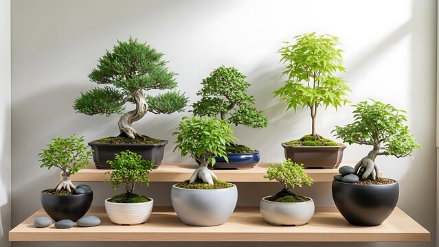 An exquisite collection of diverse bonsai trees displayed on minimalist light wood shelving, featuring various species and artistic potting styles against a clean, bright background.
