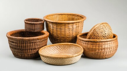 Assortment of handcrafted woven baskets on gray background