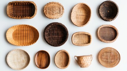 Assorted woven baskets and wooden bowls on a white background