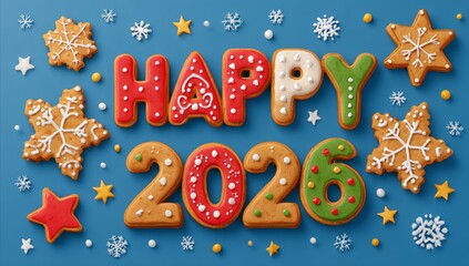 Festive 2026 Happy New Year Cookie Themed Design with Red Gold Ornaments and Sparkling Stars on Teal Background Ideal for Holiday Greeting Cards and Party Invitations