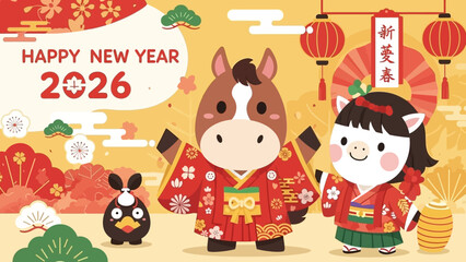 Fototapeta premium Cute Horse and Pig Characters in Traditional Kimono Attire.
