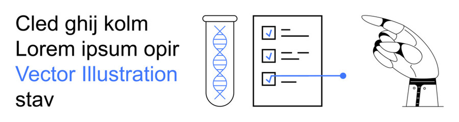 Fototapeta premium Biotechnology, automation, innovation, robotics, research, future technology. DNA strand in a test tube, checklist robotic hand pointing. Biotechnology and automation with futuristic elements