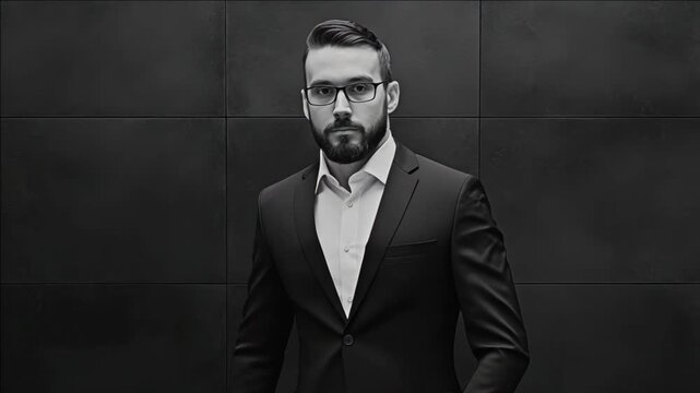 A man in a suit stands confidently, his silhouette backlit against a wall of panels, evoking a sense of modern business contemplation. - Powered by Adobe