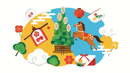 Obraz premium Japanese New Year celebration with traditional decorations and a jumping horse.