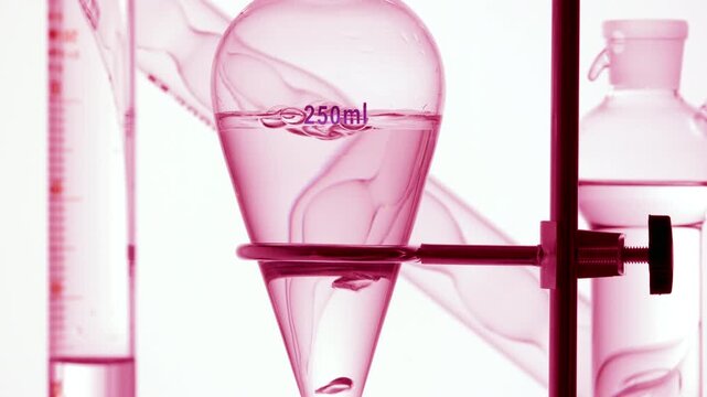Chemistry arrangement with ball absorber, graduated cylinder, bulb lab condenser and separatory funnel with bright pink fluid and bubbles rising inside against plain white | Cranberry liquid extract