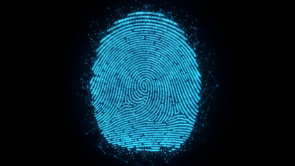 A vibrant glowing blue digital fingerprint scan symbolizes advanced biometric security access and complex identity authentication technology over a dark background