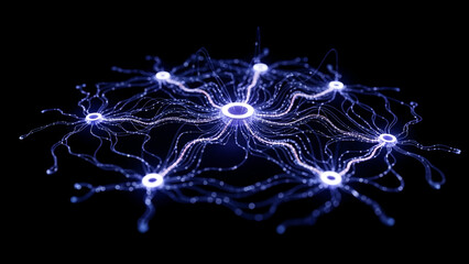 Abstract representation of a complex interconnected neural network structure featuring glowing blue nodes linked by swirling streams of light particles against a dark background illustrating digital i