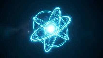 Abstract glowing blue atomic structure illustration depicting energy transfer and fundamental physics concepts in a dark digital space background