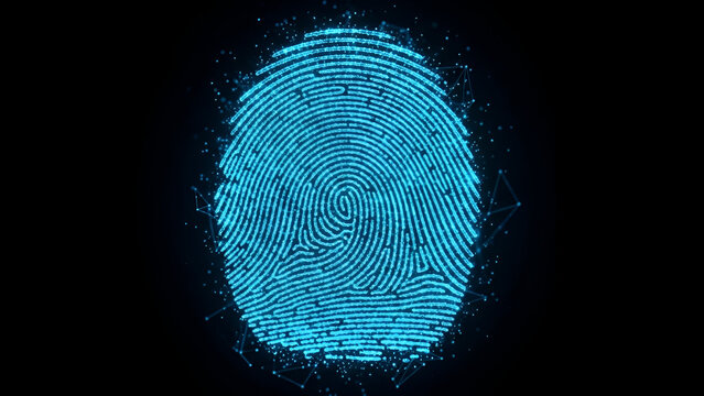 A vibrant glowing blue digital fingerprint scan symbolizes advanced biometric security access and complex identity authentication technology over a dark background - Powered by Adobe