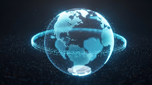 Digital holographic representation of the earth globe composed of glowing blue data points rotating in a dark technological cyberspace environment suggesting global connectivity and futuristic network - Powered by Adobe