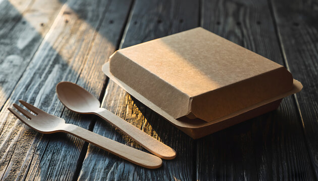 Eco friendly biodegradable paper food packaging box with wooden cutlery