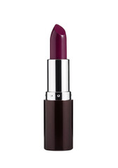 Obraz premium deep purple lipstick, glossy wet-look texture, fully extended, sleek silver and dark casing, macro shot on minimalist white studio background with soft reflection, concept for premium beauty