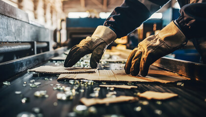 Industrial worker hands wearing protective leather gloves in workshop