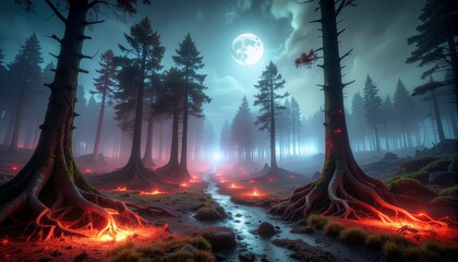 Mystical forest scene with fiery roots and moonlit fog
