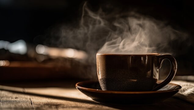 A steaming cup of coffee on the table, a close-up shot with a dark background. the photo is taken from an angle that highlights the steam rising off the hot drink and its elegant ceramic mug. - Powered by Adobe
