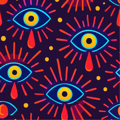 eyes that cry in color; tears and rays radiate from bold blue gazes in a purple field of feeling