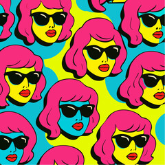 pop girls in repeat; pink hair, black shades, and cyan skin pulse through a retro pattern of attitude