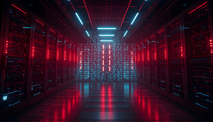 A massive digital world powered by advanced computer systems, featuring floating AI avatars amidst glowing virtual screens, representing the future of artificial intelligence and digital environments.