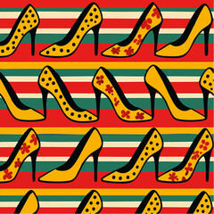 heels in repeat; yellow stilettos dance across striped color fields in polka, floral, and bold