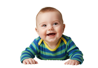 A joyful caucasian infant, 6-12 months, with bright brown eyes and a wide smile, wearing a blue and green striped shirt, lying on ivory fabric, studio portrait. Concept of pure childhood joy