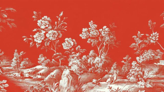 A stylized red and white floral wallpaper with a textured print pattern, suitable for interior walls.