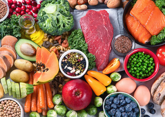 Balanced diet food background.