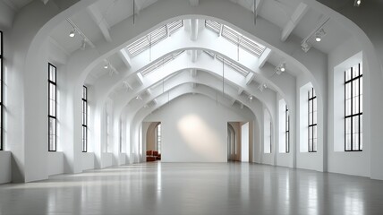 A minimalist, white, empty hall with high ceilings and polished concrete floors, perfect for mockups.