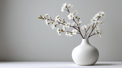 A minimalist white vase with a single branch of delicate white blossoms, against a clean white wall, minimalist still life.