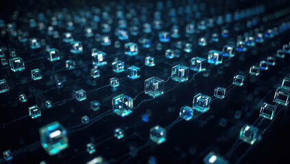 Futuristic network of glowing glass cubes connected by lighted pathways, moody cyber atmosphere