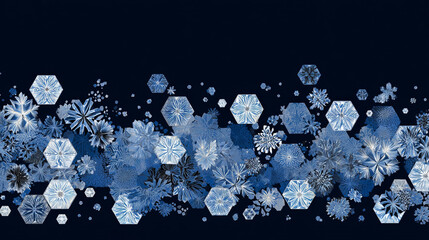 Angular ice-crystal motifs and frosted hexagons in monochrome blues with silver accents and top black negative space; clean vector repeat modern, high-contrast design winter background with copy space
