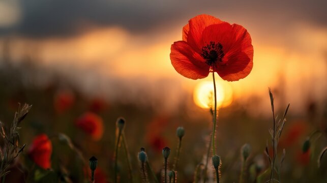 A single red poppy rises above a field full of poppies at sunset. The sun sets in the background creating a warm light that highlights the flower.