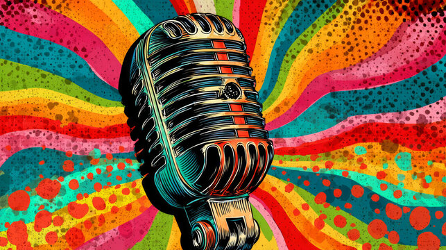 Pop art 60s psychedelic colorful trippy retro style image of a microphone with music coming out of it in waves and dance party rave ambience atmosphere groovy big band swing background