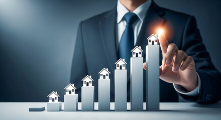 Businessman Touching Upward Trend of Houses on Bar Chart