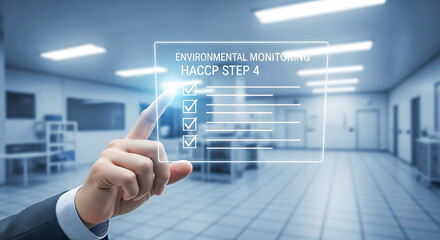 Hand interacting with a digital checklist for environmental monitoring