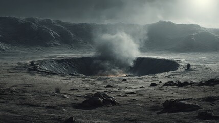 A missile impact crater, still smoking, eerie silence, cinematic desolation.