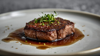 Seared steak with glaze and microgreens on plate, savory and elegant presentation