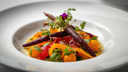 Colorful heirloom carrot salad with microgreens and edible flower, plated elegantly