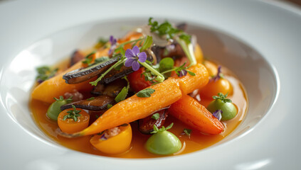 Golden glazed baby carrot and roasted mushroom salad with edible flower and herb garnish
