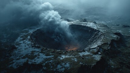 A missile impact crater, still smoking, eerie silence, cinematic desolation.