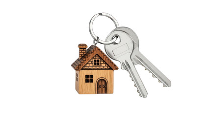 Small wooden house keychain attached to a set of keys