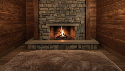 Cozy rustic cabin interior with stone fireplace and warm fur rug