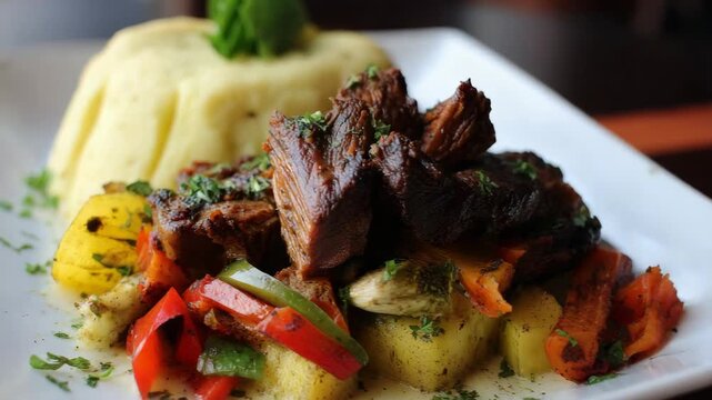 Gourmet braised beef short ribs served with creamy polenta and roasted vegetables