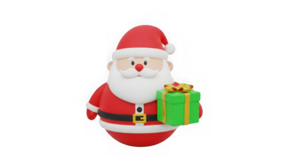 Jolly Santa Claus holding a green gift box with gold ribbon