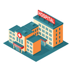 Obraz premium Isometric Hospital Building with Red Sign.